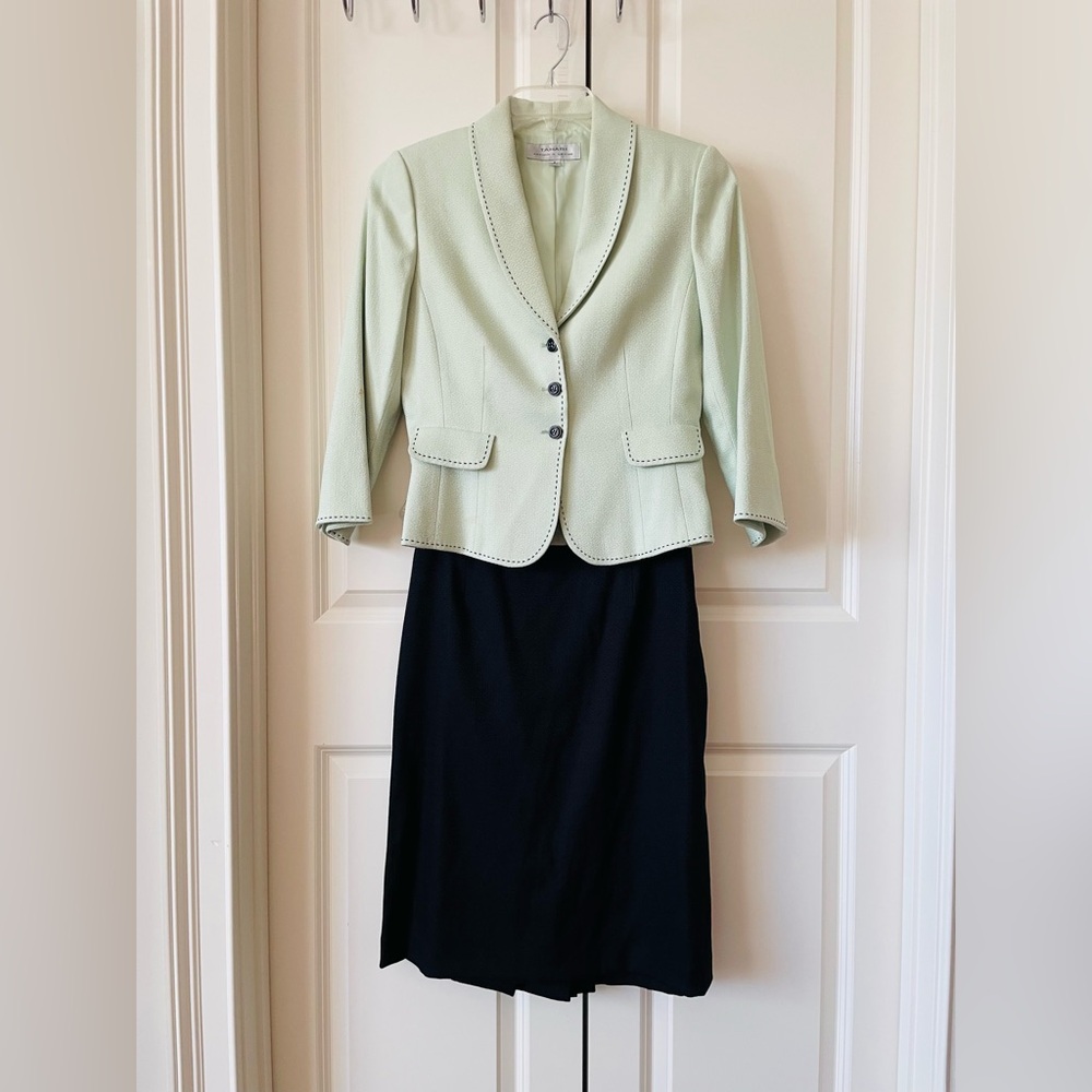 Tahari Arthur S Levine Blazer Skirt Suit Women Sz 6 Green/Black 2 Piece Set